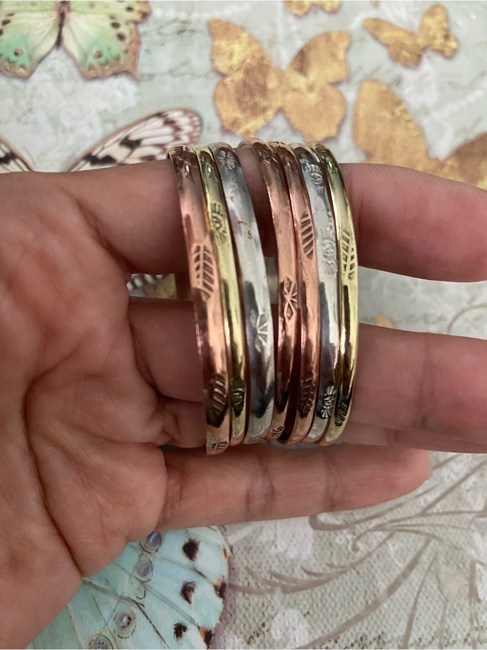 Girls Mixed Cooper Stamped Bangle Set Semanario Rose Gold, Silver & Gold